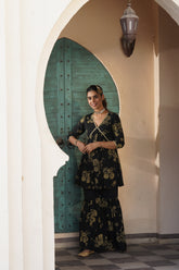 Women's Black Floral Printed Empire Gotta Patti Sharara Set-AHTUSH-COMBO-647-FF